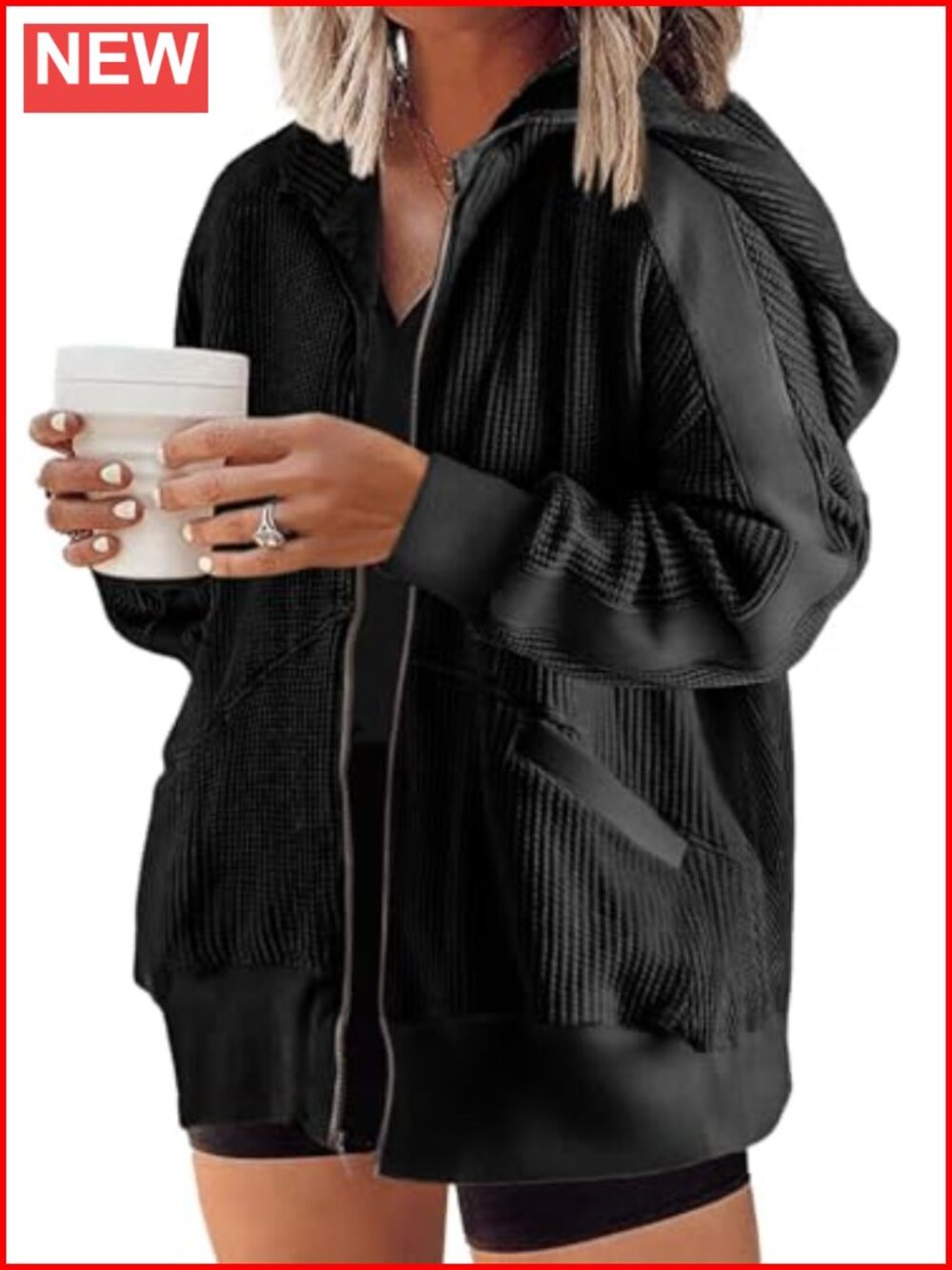 Plus Size Zip Up Waffle Knit Hoodie Oversized Sweatshirt